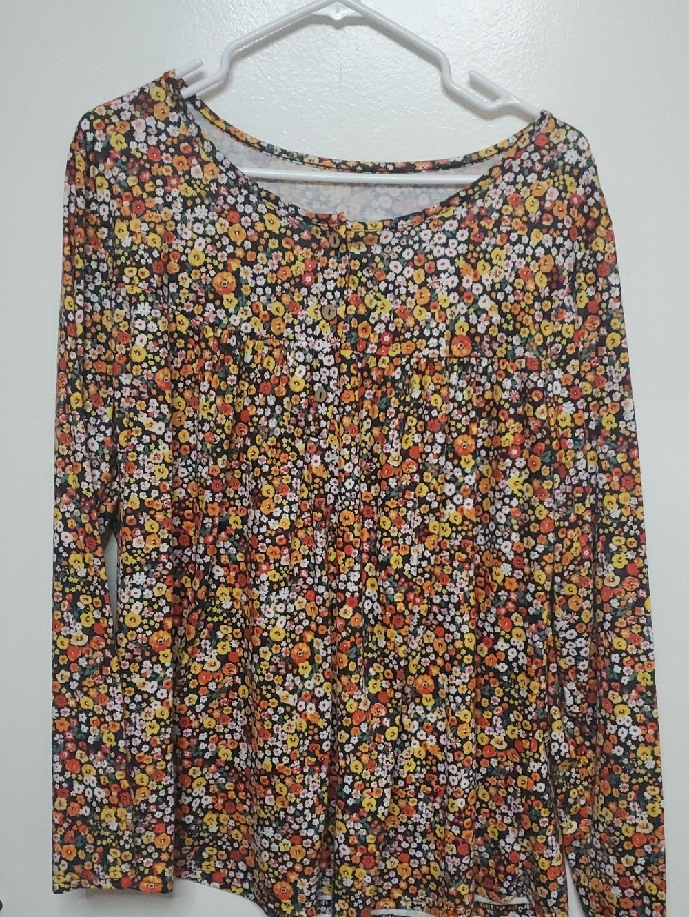 Floral Long-Sleeve Peasant Top - Black with Yellow & Orange Floral
